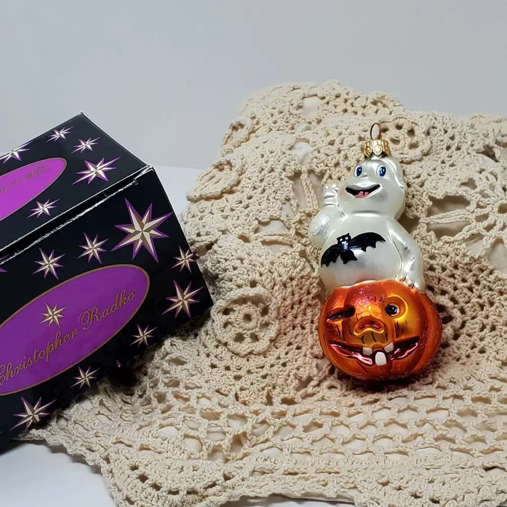 Christopher Radko JACK 'N SPOOK Glass Ghost Pumpkin Bat Halloween Ornament